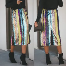 Повседневное блестками прямые юбки модные женские туфли пикантные пэчворк в полоску с блестками Разделение низ вечерние Высокая Талия-удлиненная юбка etek# C