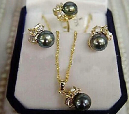 

Jewelry 001102 CHARMING Black Pearl Earring Ring & Necklace Set