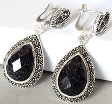 Señora 925 de Plata Marcasita Natural Blue Sand Stone Pendientes de Gota