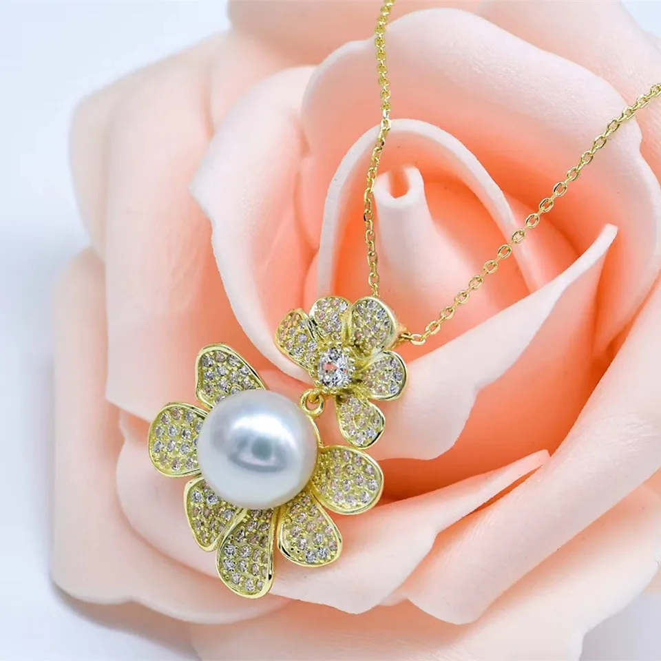 

S925 Sterling Silver Freshwater Pearl Pendant Jewelry 11-12mm Flat Round White Flower