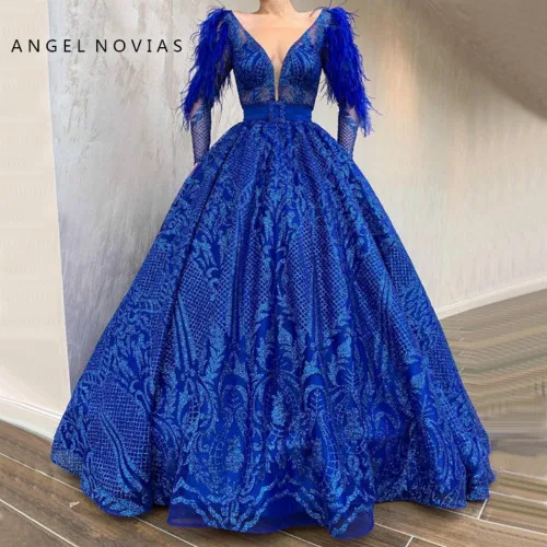 Angel Novias, бальное платье с длинными рукавами, Королевский синий цвет, вечернее платье,, кафтан, Дубай, с перьями, Vestido Formatura, Длинные вечерние платья - Цвет: Синий