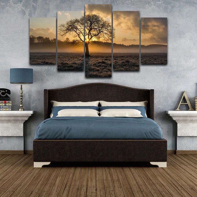 Canvas Painting Vintage Wall Art Frame Printed Pictures 5 Panel Poster Sunrise Tree Landscape Photo For Living Room Decor 