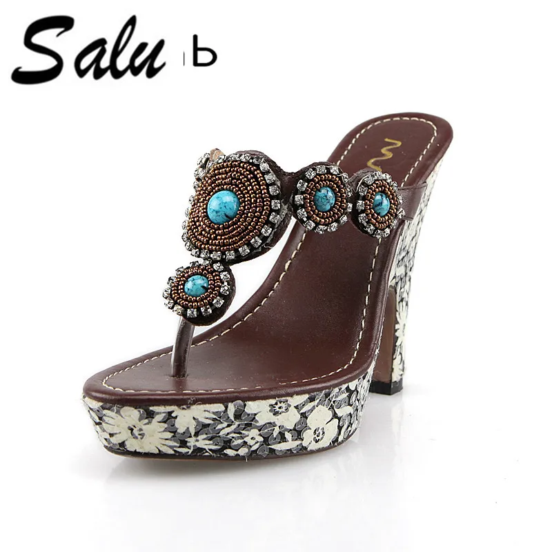 

Salu 2018 woman sandals Summer Genuine Leather High Heel Sandals Shoes Women High Heels mather Shoes Thick Heel sandals