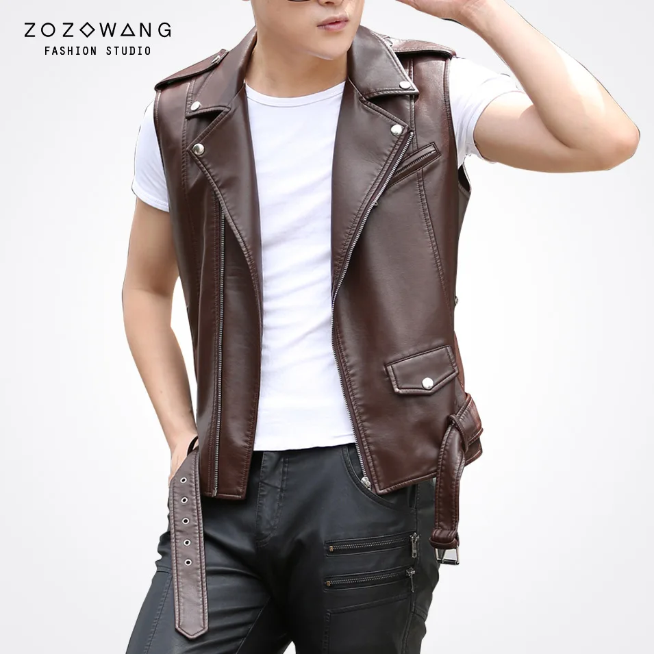 zozowang spring summer solid shore loose casual leather vest men turn down collar zipper belt sleeveless leather vest men