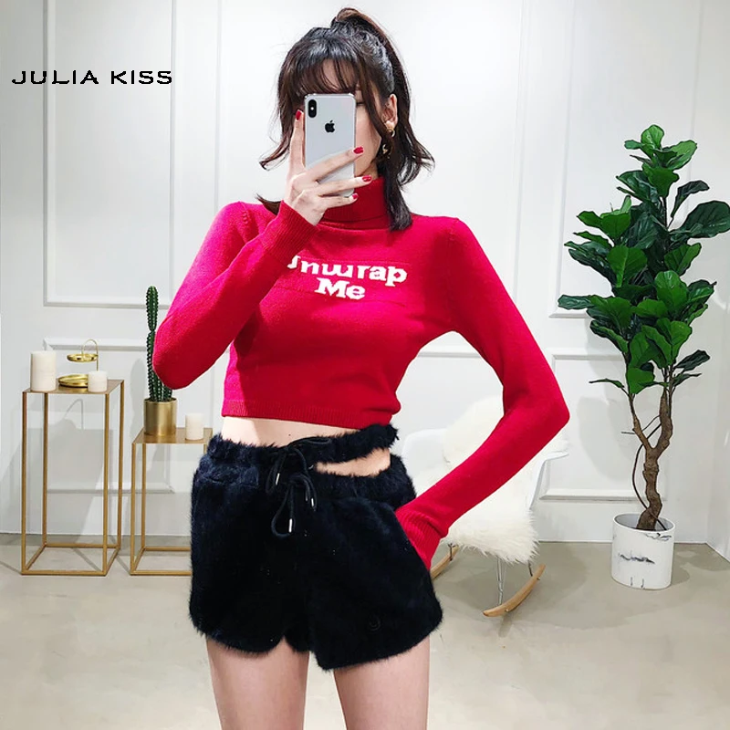 Women Rolled Neck Embroidery Letter Crop Knit Top | Женская одежда