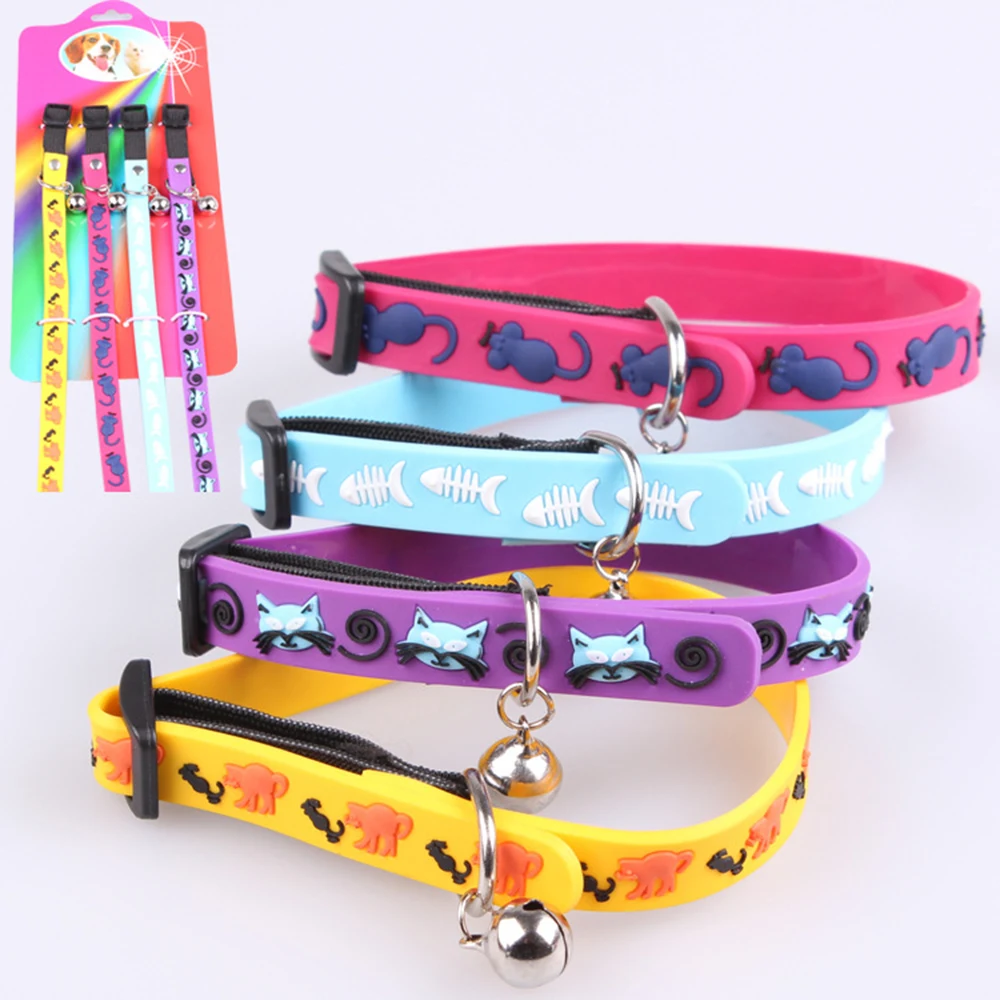 Silicone Cat Collar Bell Rainbow Cat Collar Adjustable Breakaway Dog Mouse Fish Kitten Pet Cats Collars For Small Dog Necklace