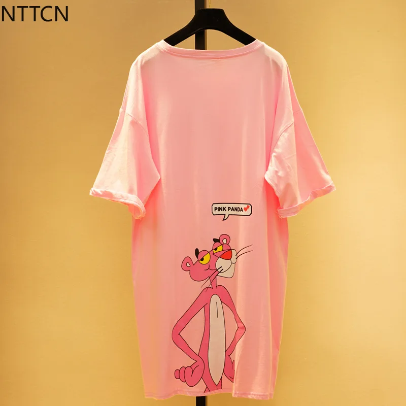 

Summer 2019 New Plus Size Tops Korean Loose Cartoon Pink Panther Printed Short Sleeve T-shirt Mid-long Bat Shirt Cotton