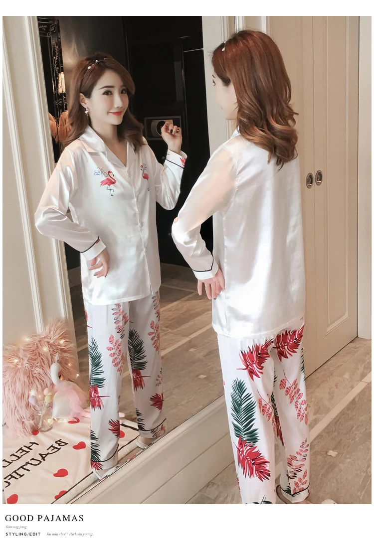Осенняя Женская Сексуальная атласная Шелковая пижама, комплекты, топы с длинными рукавами+ штаны, одежда для сна, Женская мультяшная Пижама