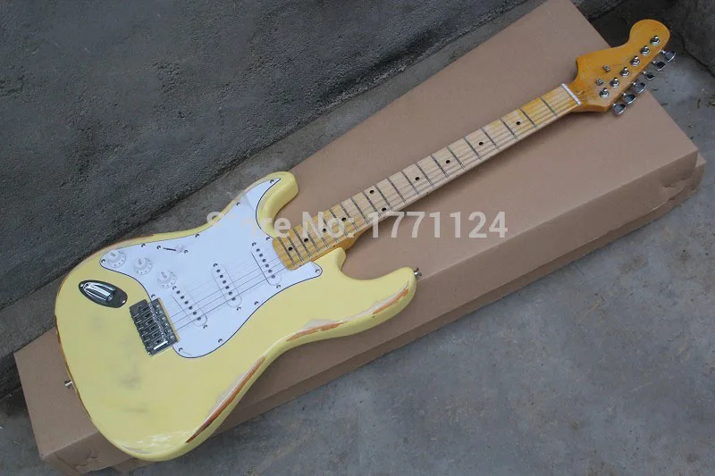 

. Top Quality F Stratocaster with synchronized Imitation of the old one Yellow Signature Left handed Electric Guitar