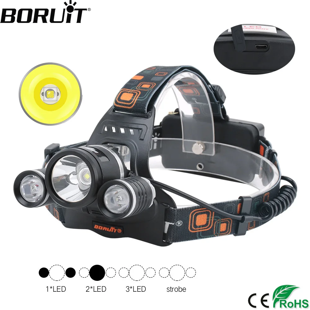 BORUiT RJ-3001 XM-L2 R5 светодио дный фары 4-режим USB Зарядное устройство фар Водонепроницаемый Глава Факел Рыбалка фонарик на 18650 Батарея - изображение