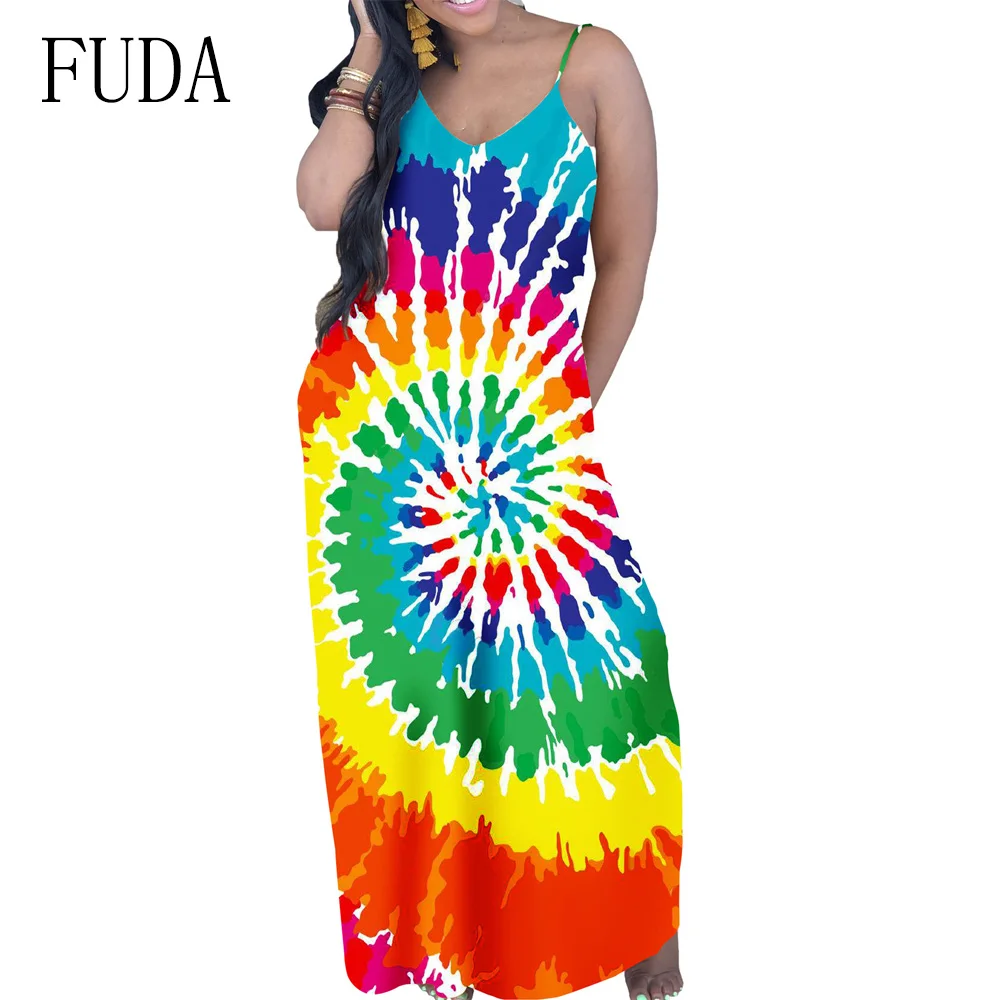 FUDA Casual Vintage Classic Loose Maxi Dress Printing Sleeveless V Neck Floor Length Summer Beach Party Long Dresses Female
