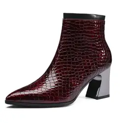 Женские кожаные ботильоны новые модные острый носок высокая женская обувь на каблуках Высокое качество Вечерние Свадебная обувь женская