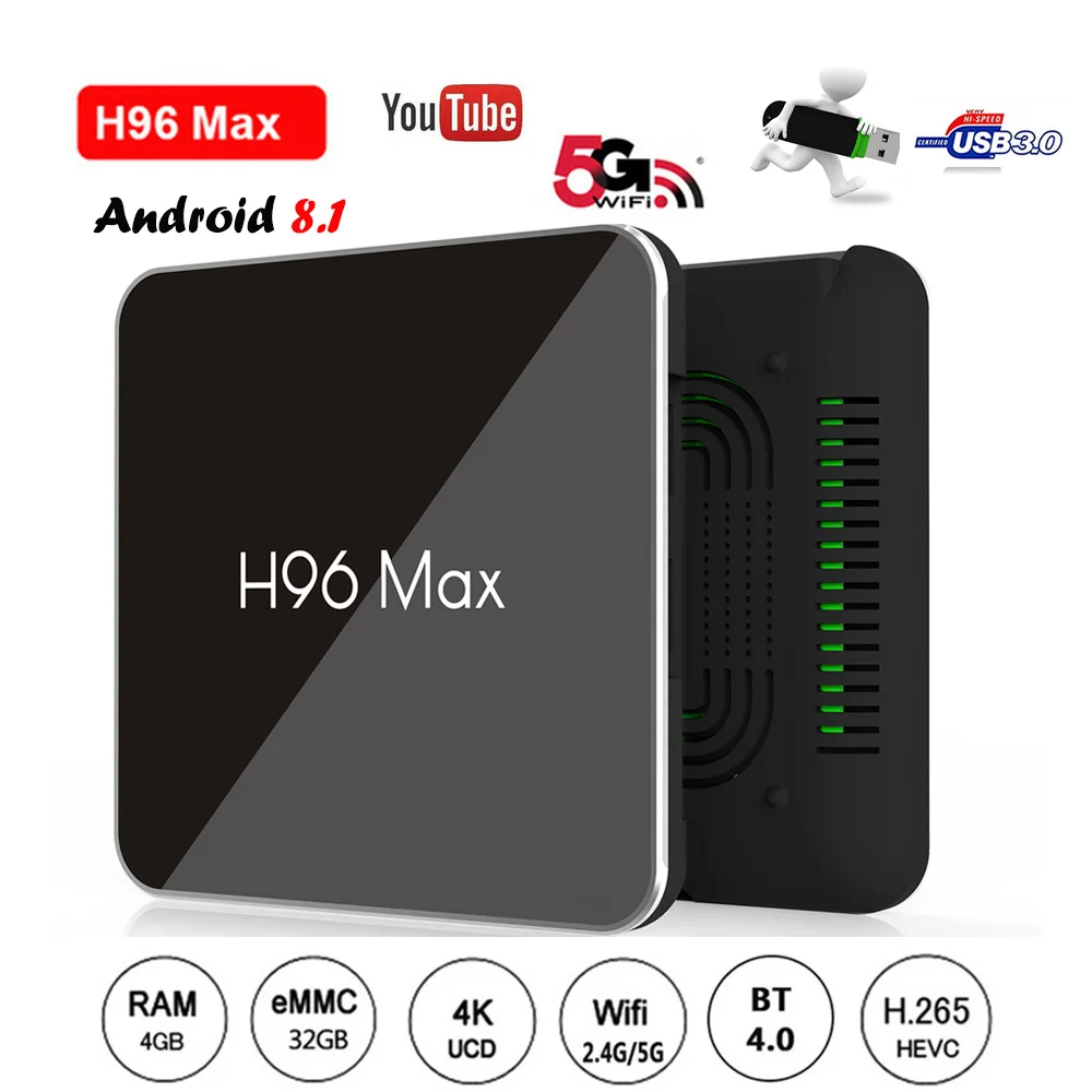 

H96 Max X2 Android 8.1 TV Box Amlogic S905X2 Quad Core 4GB RAM 32GB ROM 2.4G/5G WiFi 100Mbps LAN BT4.1 Support USB3.0 4K H.265