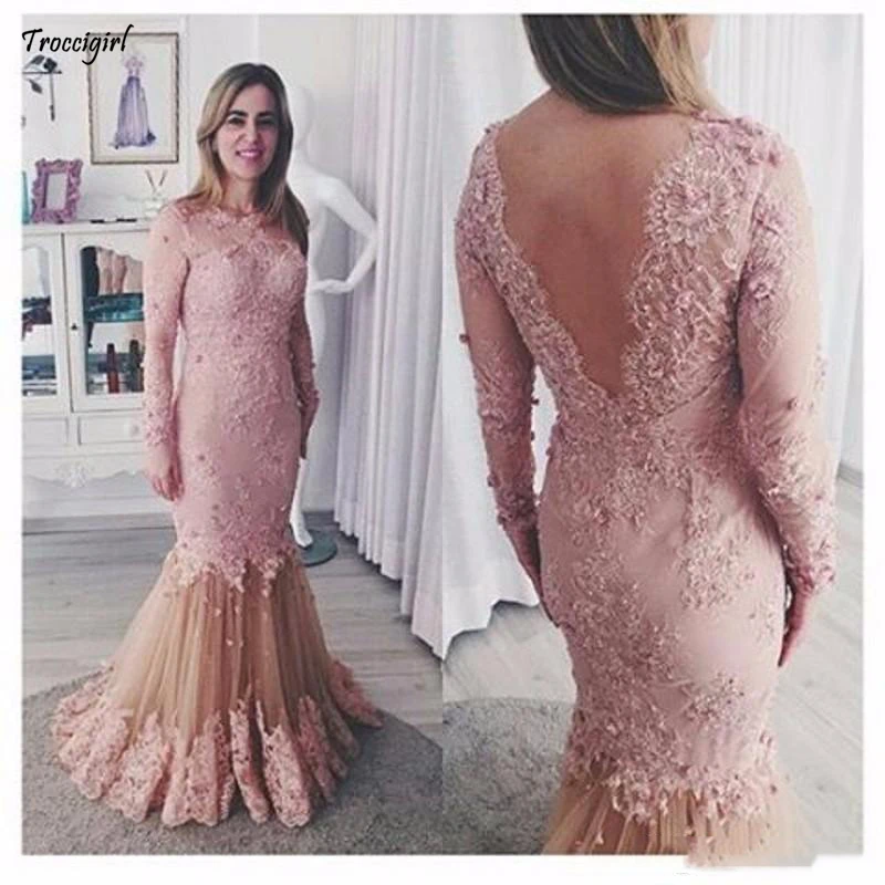 

New Style Robe De Soiree Jewel Mermaid Evening Dresses Lace Appliques Pearls V Neck Long Sleeves Floor Length For Pageant Party