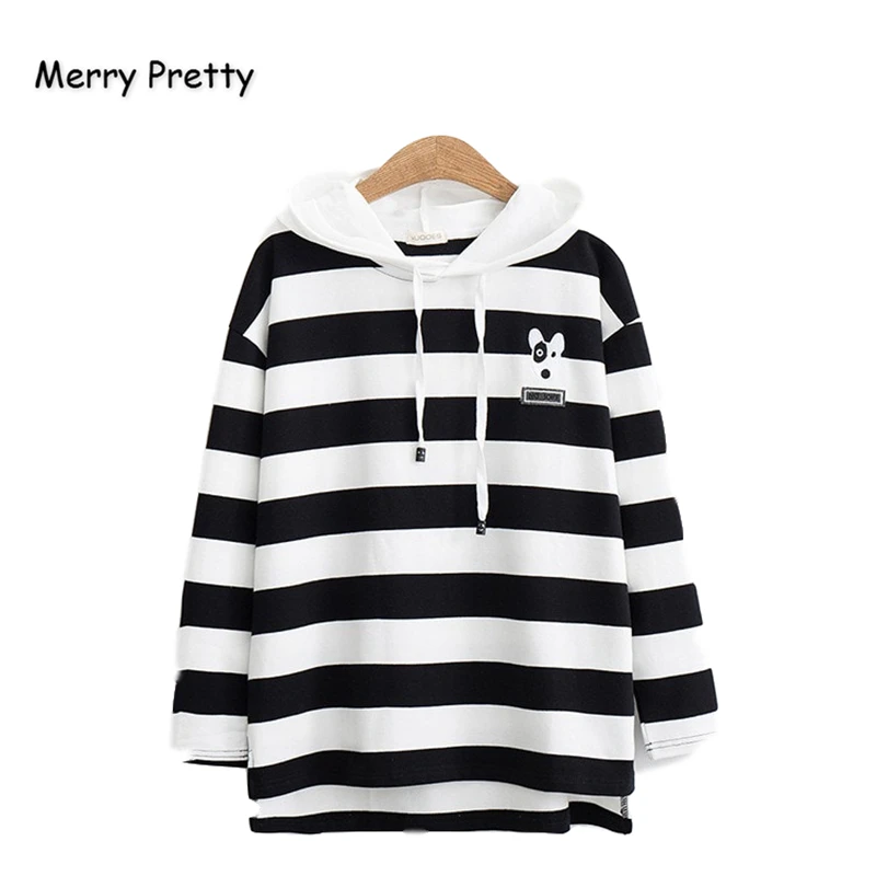 

Merry Pretty Women Cartoon Dog Embroidery Striped Hooded Sweatshirt 2019 Autumn Winter Long Sleeve Hoodies Femme Casual Pullover