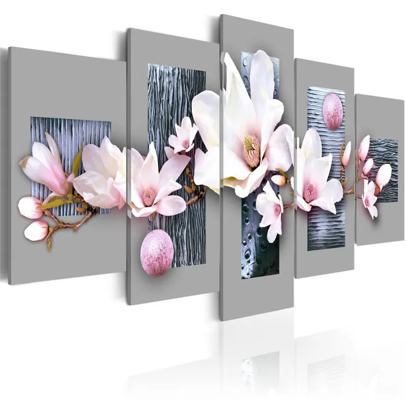 Modular Painting Home Decor Living Room 5 Pieces Flowers Orchids Pictures Prints Elegant Magnolia Canvas Poster Wall Art Framed - Color: Q8798