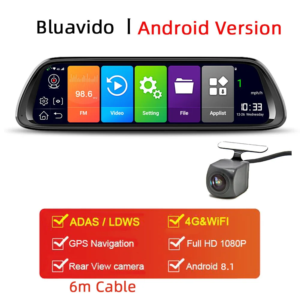 Bluavido 4G ADAS Android 8,1 dash камера 1" ips Автомобильное зеркало заднего вида gps FHD 1080P Автомобильный видеорегистратор с функцией ночного видения WiFi авто видеорегистратор - Название цвета: Android 8.1 Version