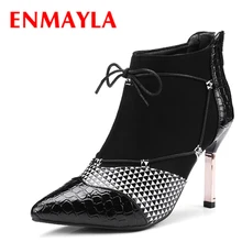 ENMAYLA Womens Autumn Mixed Colors Shoes Woman High Heels Pointed Toe Ankle Boots Women Lace-up Black Red Boots цена ENMAYLA Womens Autumn Mixed Colors Shoes Woman High Heels Pointed Toe Ankle Boots Women Lace-up Black Red Boots цены онлайн