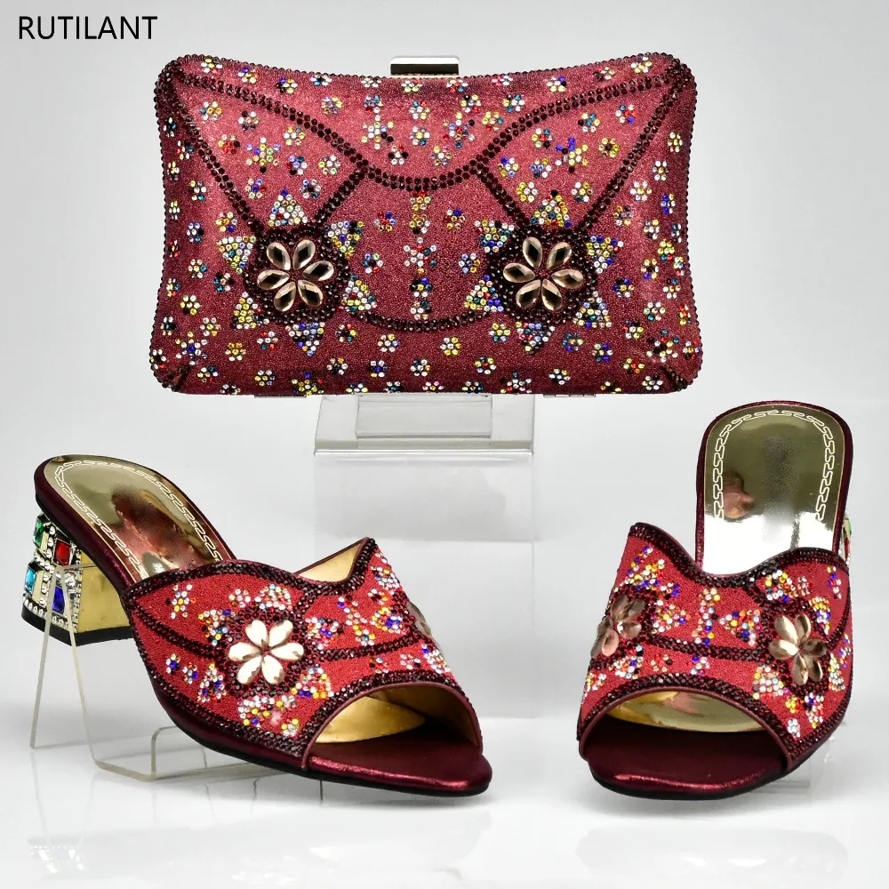

Italian Shoes with Matching Bags Wine Color Matching Women Shoes and Bag Set Decorated with Rhinestone Nigerian Women Shoes Bag
