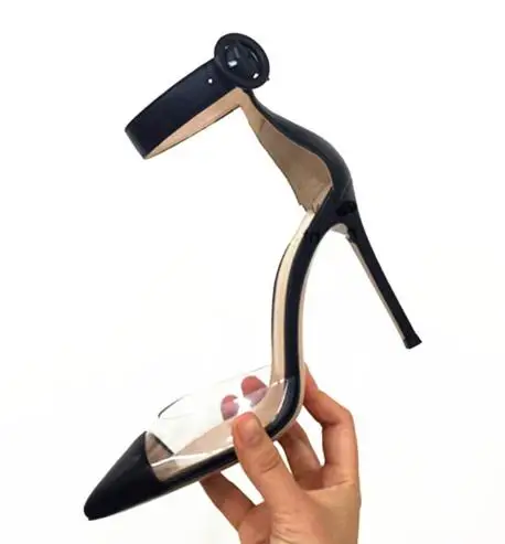

Big Size 11 Black Suede Leather Ankle Strap Buckle Cap Toe High Heel Sandals Cut-out Transparent PVC Pump Pointed Toe Shoes