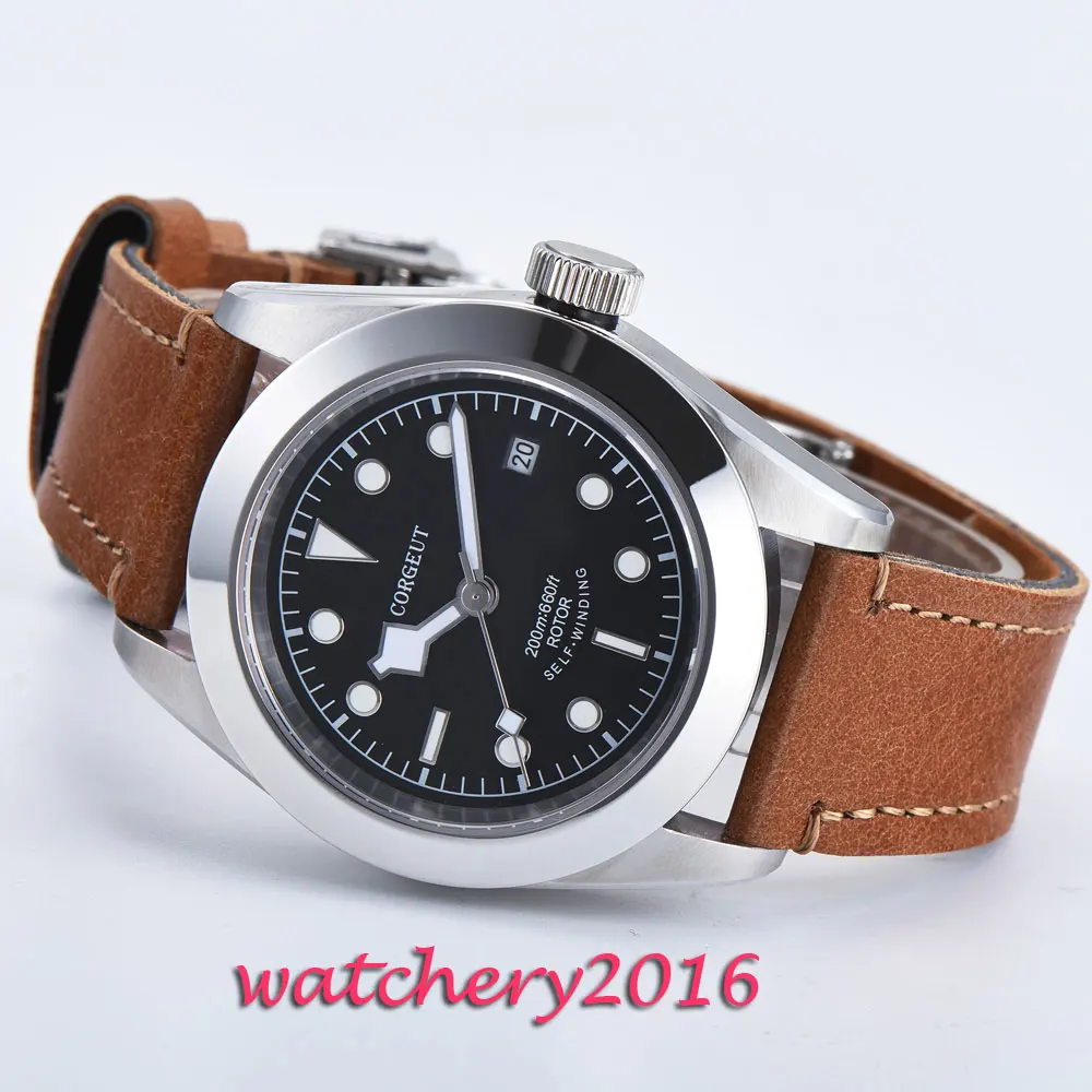 41mm Corgeut Black Dial Luminous Hands Leather Deployment Bucket SS Case Complete Calendar Miyota Automatic Movement Men's Watch |