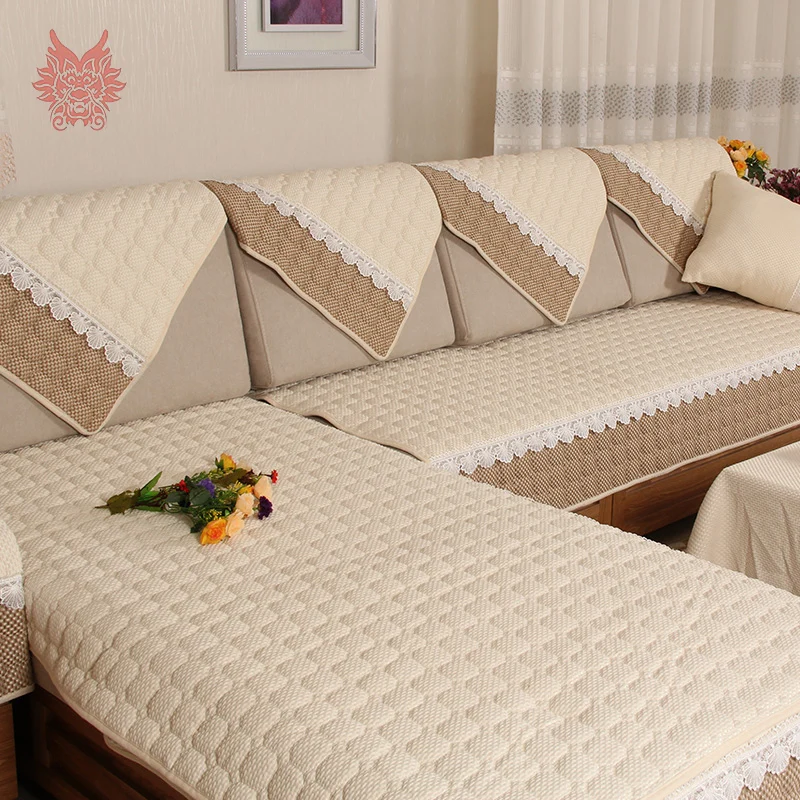 European beige cotton linen quilted sofa cover cotton sectioanl
