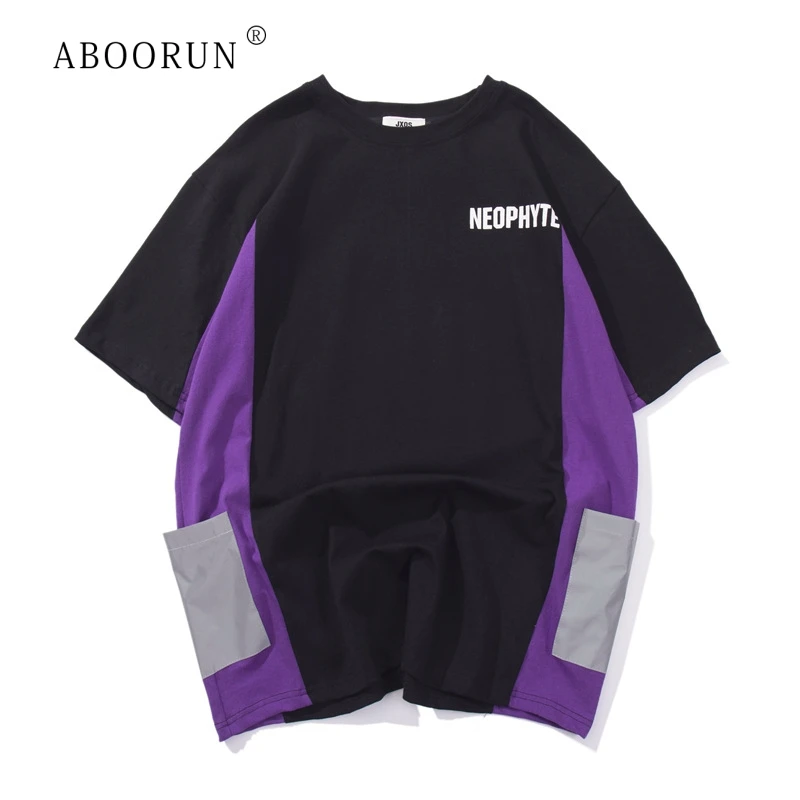 

ABOORUN Men's Hip Hop T-Shirt Street Night Reflection Patchwork Tees Summer Fashion Short Sleeve Loose T Shirts for Male x2483
