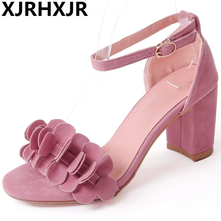

XJRHXJR Black Pink Fashion Shoes Woman Buckle Elegant Thick Heels Ladies High Heel Sandals Party Shoes Big Size 34-45