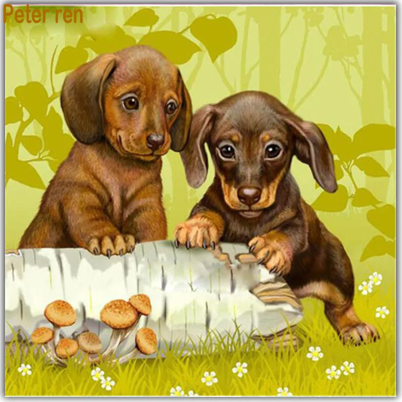 

Peter ren Diy Diamond painting cross stitch kit dog Square or Round diamond mosaic Full Diamond embroidery Two puppies mushrooms