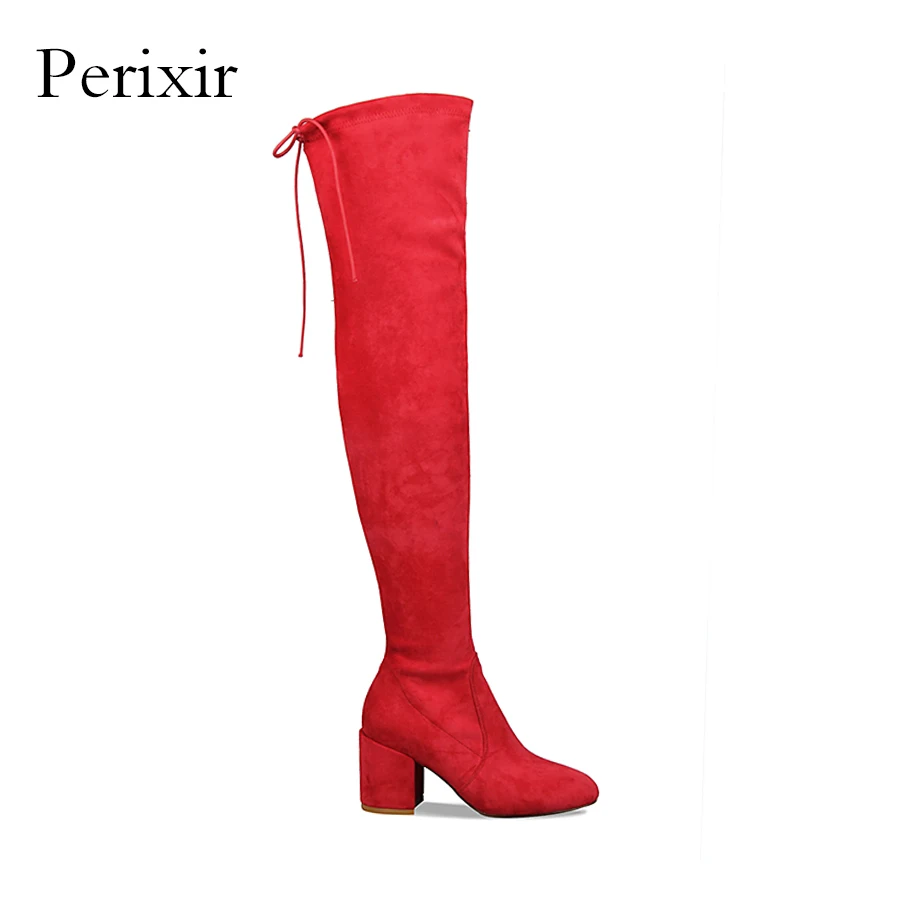 

Perixir 2017 Fashion new Style Suede Over The Knee Boot High Heel Lace Up and Zipper Pointed Toe Shoes For Women
