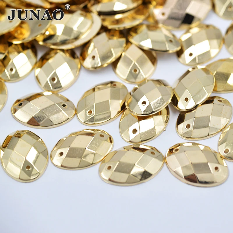 

JUNAO 13*18mm Sewing Gold Oval Rhinestones Flat Back Crystals Strass Sew On Stones Acrylic Gems For Clothes Crafts