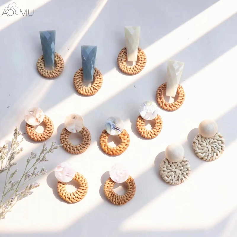 

AOMU Korea Handmade Irregular Acrylic Stone Wooden Big Hollow Out Round Circle Rattan Straw Weave Drop Earrings for Women Girl
