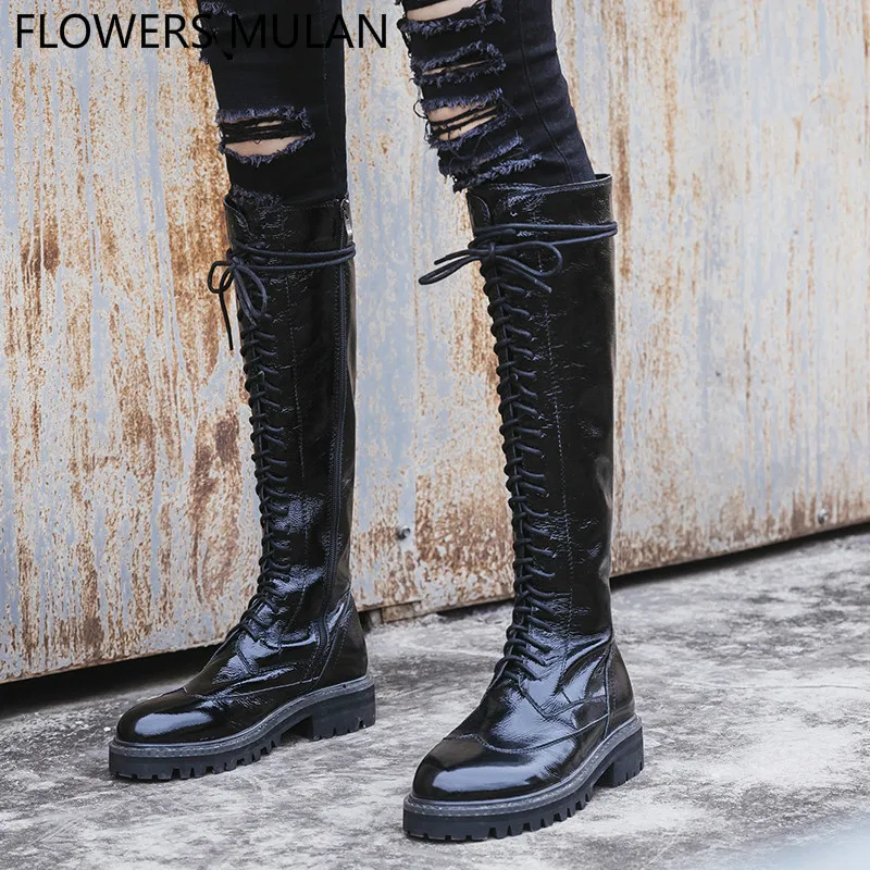 

2018 Winter New Real Leather Rome Women Long Boots Round Toe No-slip Chunky Heel Front Crosstied Side Zip Motorcycle Boots Shoes