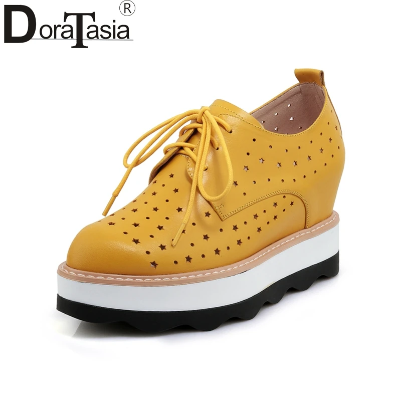 

DoraTasia Brand Design Genuine Leather Solid Wedges Hollow Shoes Woman Casual Spring Top Quality Flats White