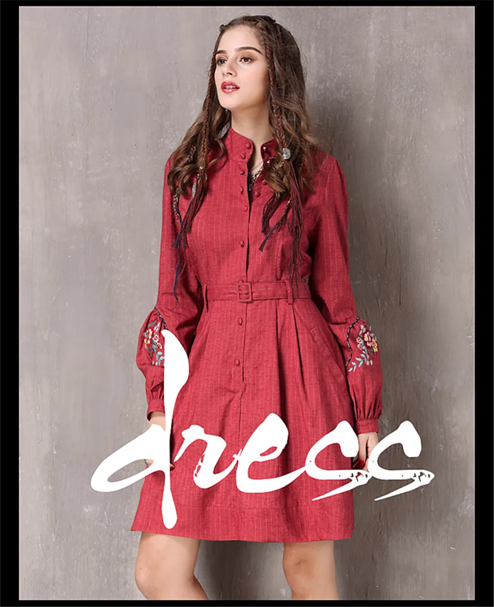 Vintage Spring Women's Dress 2018 New Cotton Linen Vestidos A-line Lantern Sleeve Stand Collar Belted Red Dresses For Women (2)