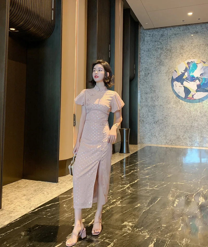 Летние винтажные платья Cheongsam, офисный Женский Бандаж, Сплит, Сексуальные вечерние платья, стоячий воротник, короткие пышные рукава, высококачественное женское платье