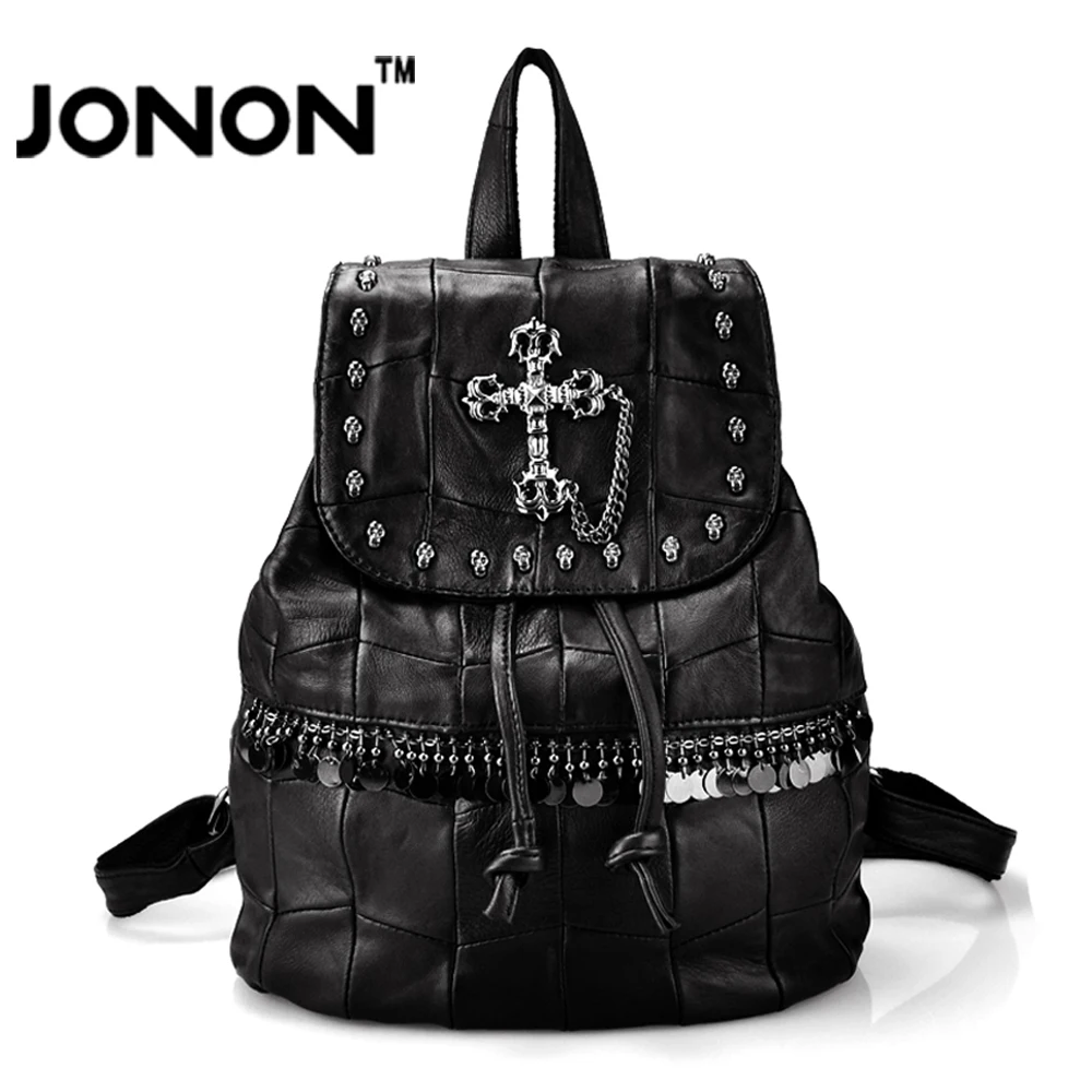 JONON Brand Designer Genuine Cowhide Backpacks Women Fashion Crystal Skull Cross Rivet Cool Bags for women