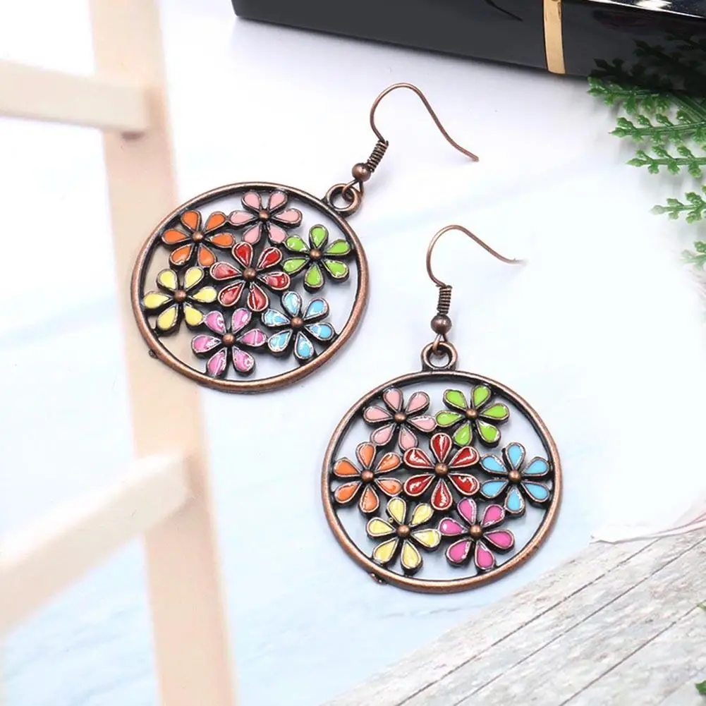 

2019 Bohemian Colorful Flower Big Round Charm Statement Hook Earrings Women Jewelry