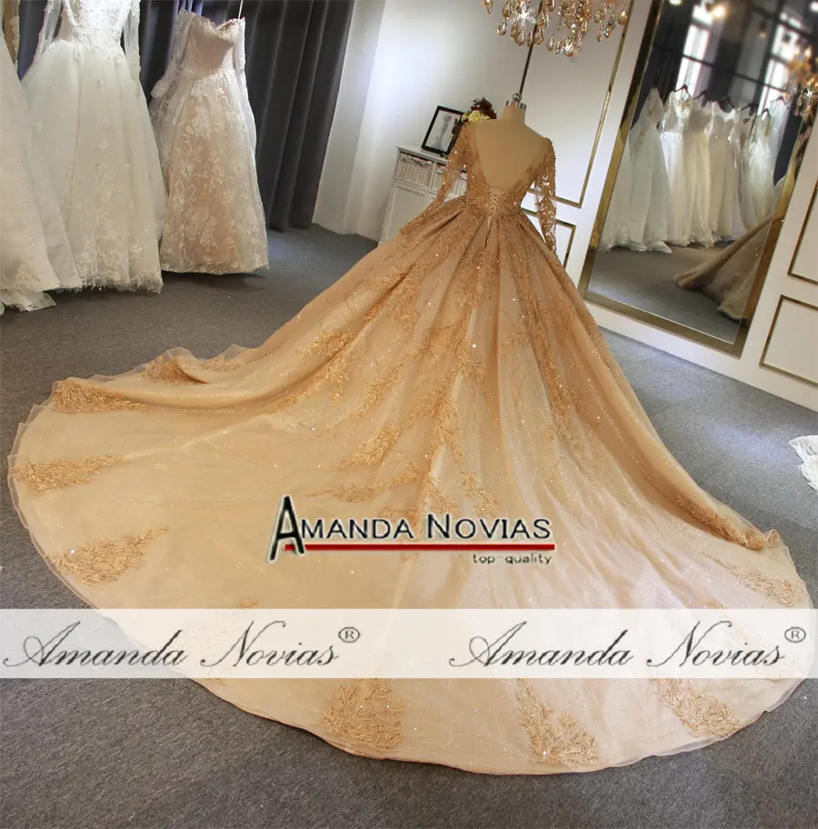 Золотой полный свадебное платье Игристые роскошный платья со шлейфом Свадебное платье не включая вуаль