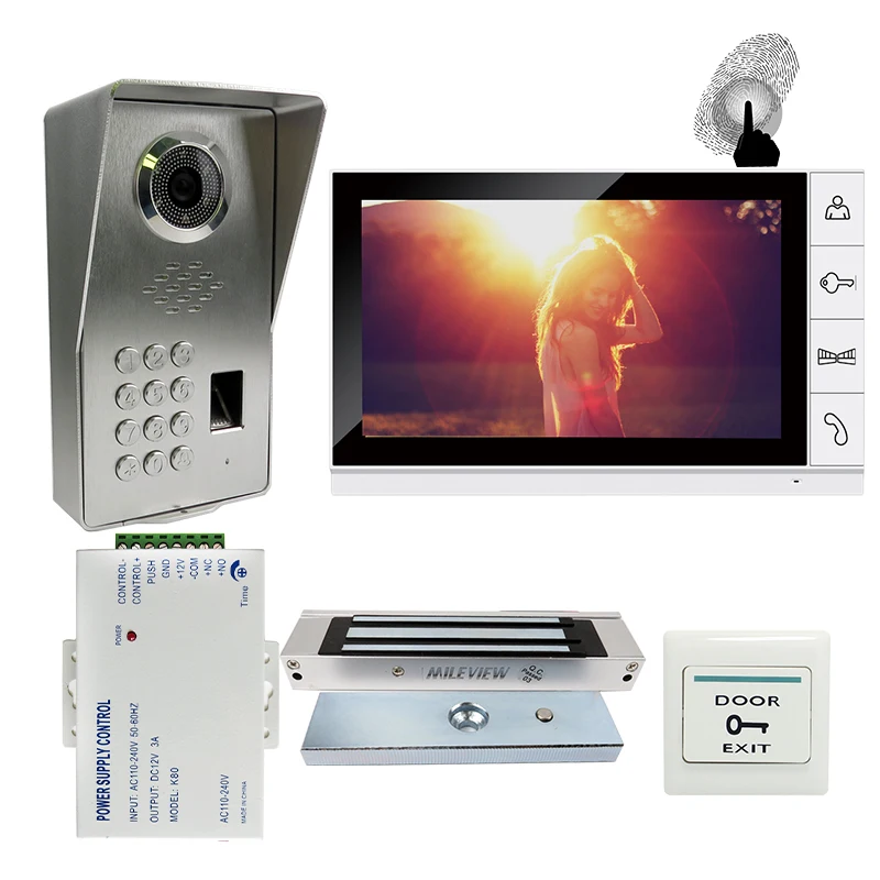 

FREE SHIPPING Fingerprint Code Keypad 9" Screen Video Door Phone Intercom System + Waterproof Door Camera + 180 Magnetic EM Lock