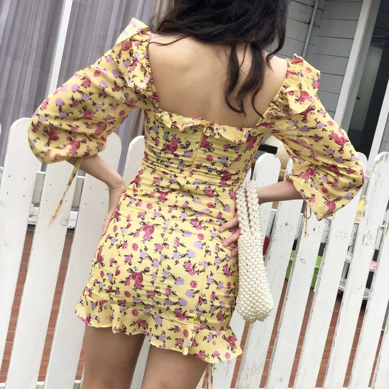 Kopen Zomer jurk 2019 boho geel bloemen mini jurk vrouwen strand jurk vintage sexy ruffle chiffon party dress casual koreaanse vestidos