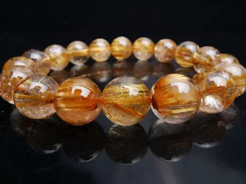 

002013 Natural Brazil Rare Titanium Gold Rutilated Quartz Crystal Bracelet 11mm AAA