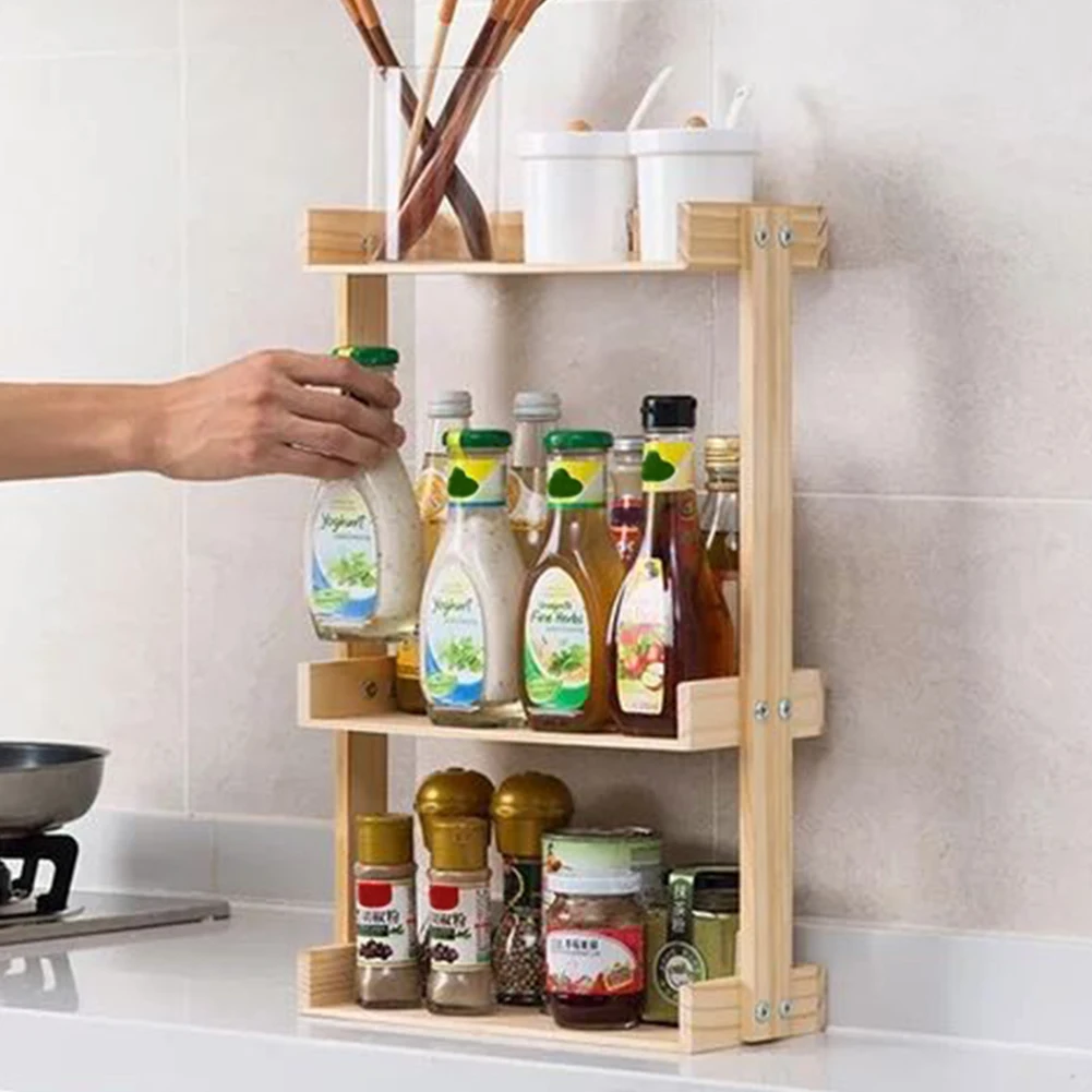 

Durable Countertop Wooden Multifunction Home Multi-layer Large Capacity Storage Condiment Stand Spice Rack Holder Herbs Jars