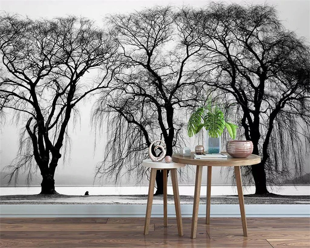 Beibehang Wallpaper murals European gray riverside trees simple TV background wall paper home decoration 3d wallpaper background