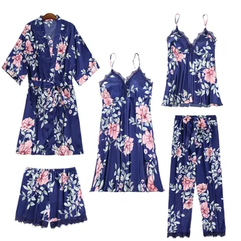

Print Women Pajamas 5 Pieces Satin Pajamas Sets Sleepwear Silk Home Wear Embroidery Sleep Lounge Lace Pyjama with Chest Pads