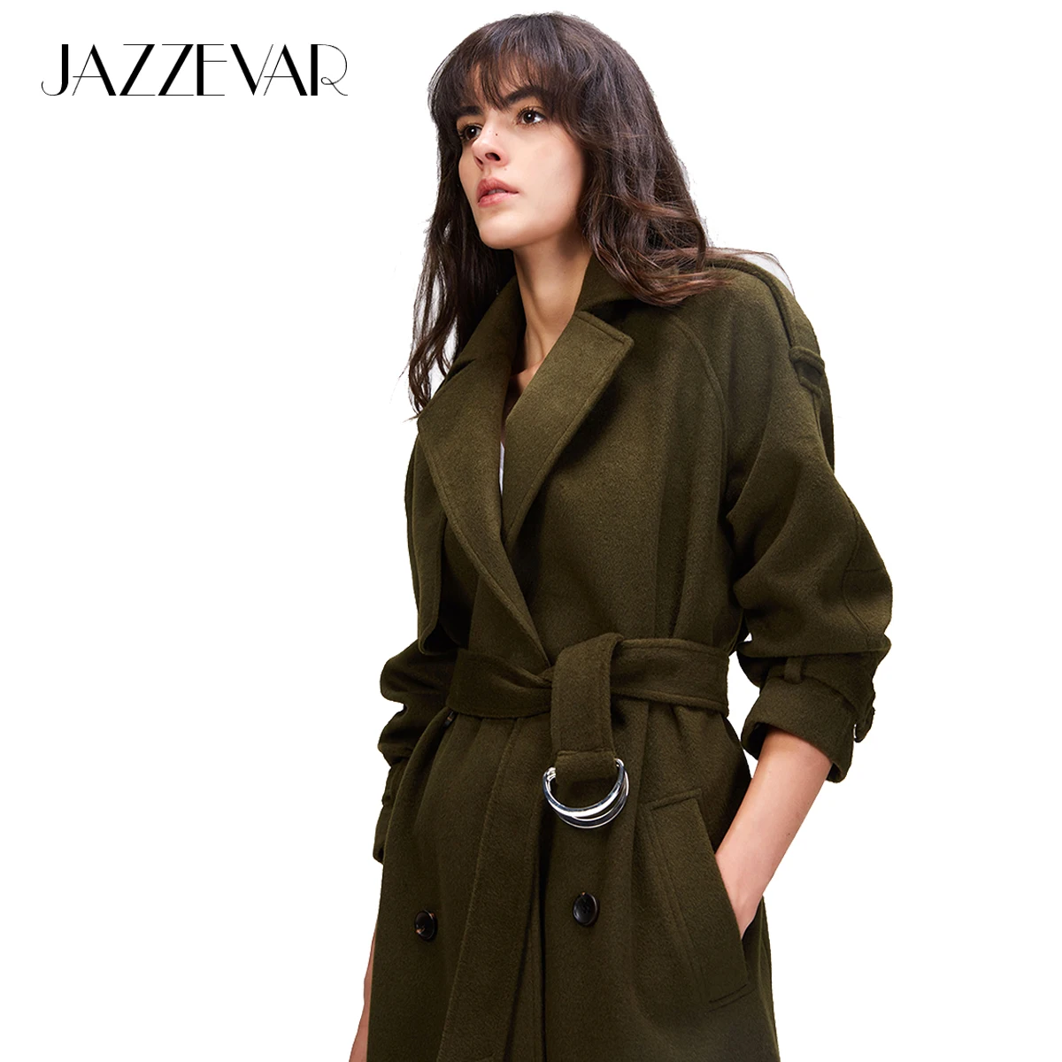 

JAZZEVAR 2019 Autumn winter New Women's Casual wool blend trench coat oversize Double Breasted X-Long coat with belt 860504