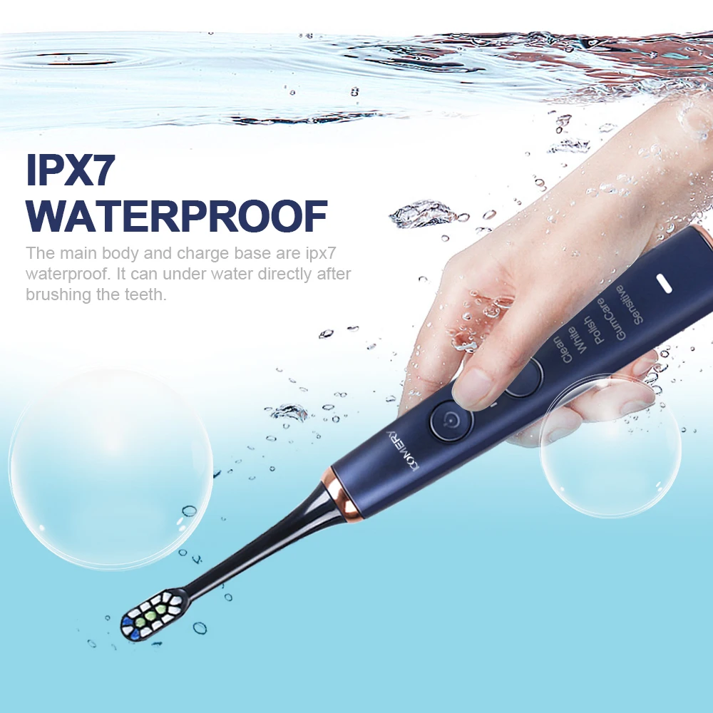  KOMERY New Electric Toothbrush Waterproof IPX7 5 Modes 3 Intensities 50000 Strokes/min 4 Pcs DuPont