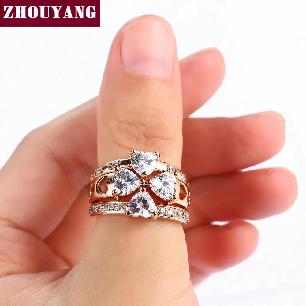 ZHOUYANG Роскошные комплекты колец для женщин Милое сердце свадьба счастливый