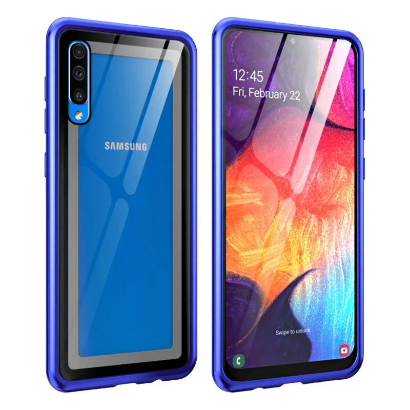 Роскошный Алюминиевый металлический защитный чехол для samsung Galaxy A50, чехол для телефона, тонкая рамка, бампер, задняя прозрачная стеклянная крышка KS0187 - Цвет: blue purple