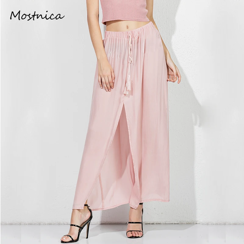 

Mostnica Summer Pink Casual Woman Split Skirt Boho Solid Drawstring Gauzy Beach Vacation Vent Long Skirts for Lady Clothing